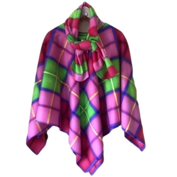 Bright multicolored plaid fleece handmade poncho & scarf set OS - Picture 1 of 9